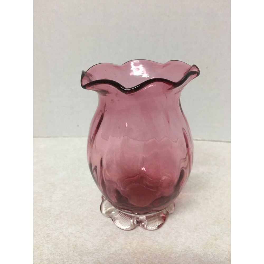VINTAGE  CRANBERRY GLASS CLEAR PETAL FEET TULIP SHAPE RUFFLED NECK  VASE 4"H